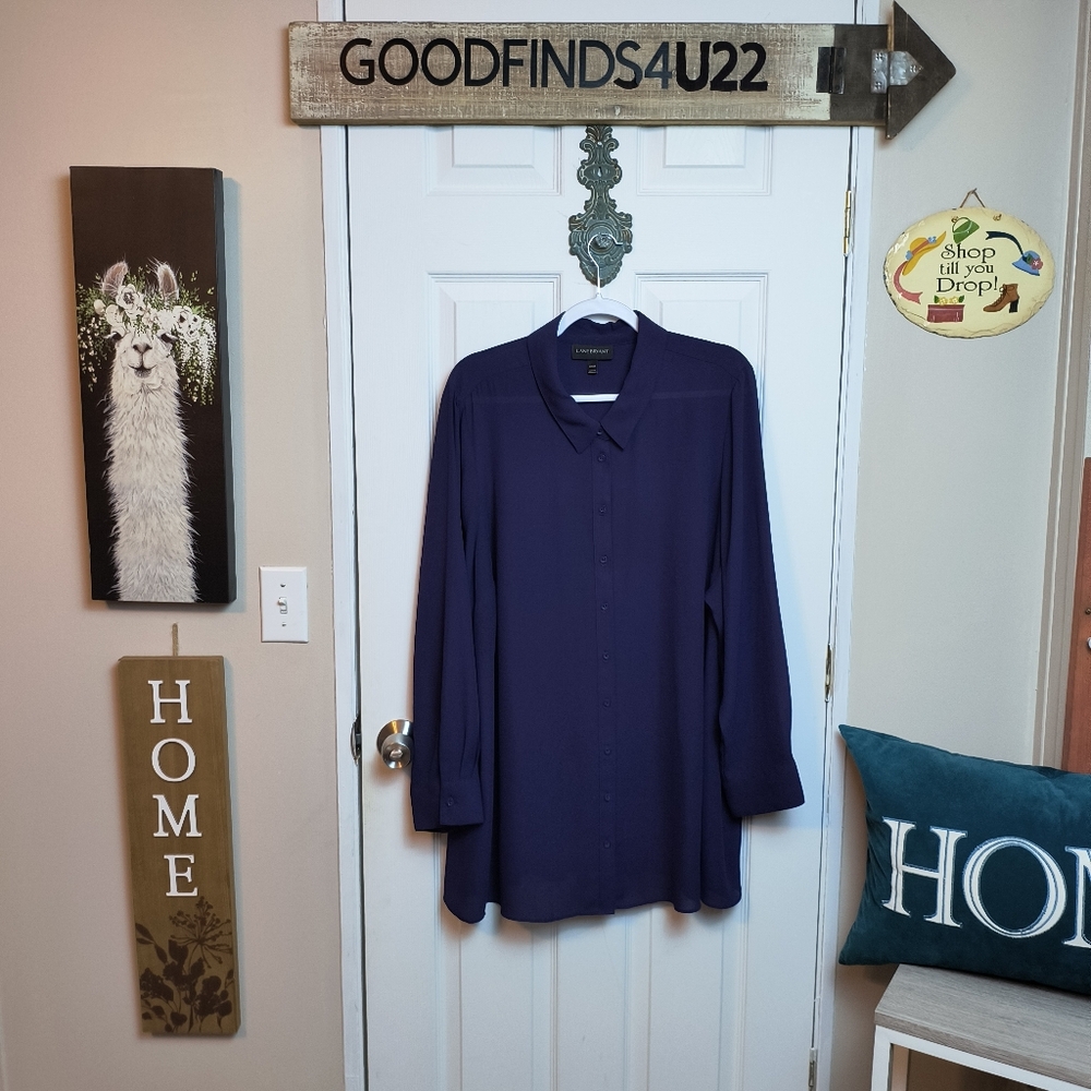 Lane Bryant Semi Shear Pleated Long Sleeve Button Up Top 22/24 Purple